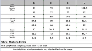 Size chart for autumn suit set showing trouser measurements in CM for XS to L sizes