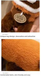Close-up of soft plush fabric texture and unique circular toy tag for stuffed animals