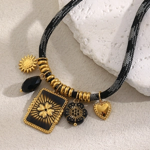 Vintage Pendant Necklace For Women Woven Rope Stainless Steel 18K Gold Plated Clover Rectangle Sun Heart Charms