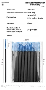 Detailed specs of 50pcs disposable black and blue eyelash brushes with 9.4cm size guide