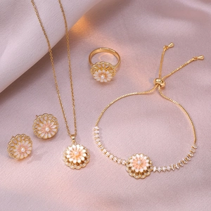 Rotating Pink Daisy Flower Jewelry Necklace Earrings Ring Bracelet Titanium Steel Enamel Artificial Pearl Zircon For Women
