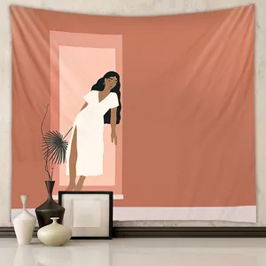 Polyester Wall Tapestry Brushed Short Plush Bohemian Abstract Art Desert Sunset Female Illustration Hanging Cloth