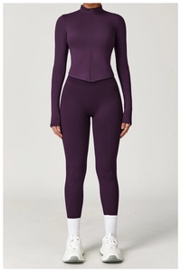 Details zum dunkelvioletten Yoga-Set mit Reißverschlussstehkragen und Daumenlöchern