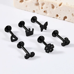Set of 6 black stainless steel labret studs with heart, crown, and butterfly shaped tops