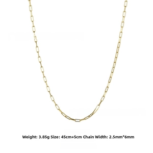 Detail view of gold paperclip chain showing 2.5x6mm link dimensions and 3.85g weight