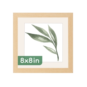 Modern light wood 8x8 inch square photo frame with green watercolor botanical leaf art