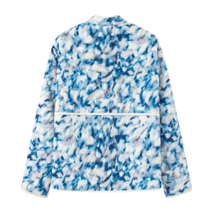 Back view of a blue and white watercolor print quilted jacket with a stand collar