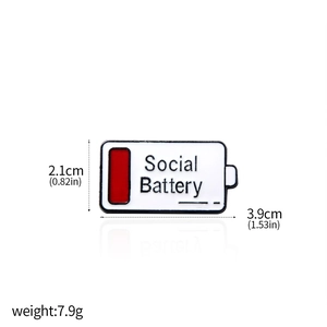 Social Battery enamel pin showing dimensions 3.9x2.1cm and 7.9g weight for reference