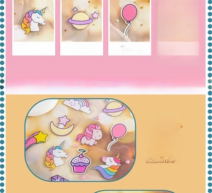 Detail view of colorful cartoon acrylic badges showing unicorn and planet pins dimensions