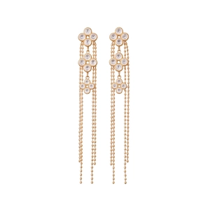 Elegant 18K gold plated floral tassel earrings with sparkling zircon clover accents