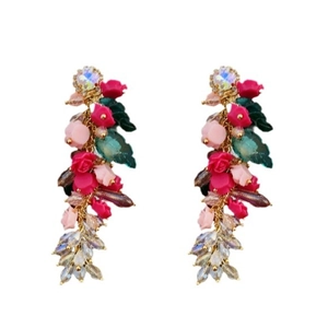 Boucles d'oreilles vintage fleurs colorées avec cristaux et feuilles en émail
