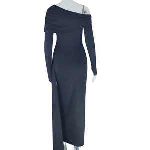 Front view of black one-shoulder maxi dress with ruched detail and long sleeves
