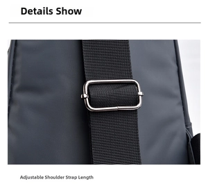Detail of adjustable woven shoulder strap with silver metal buckle on waterproof oxford chest bag