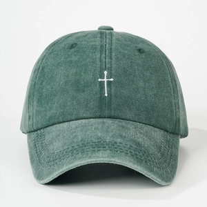 Vintage dark green washed cotton baseball cap with white cross embroidery and sun protection