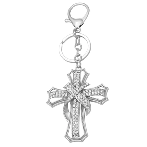 Sparkling silver cross keychain with rhinestone inlay and lobster clasp for bags