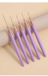 Detailed view of 5 purple and rose gold nail art liners on professional display