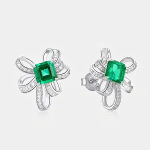 925 Sterling Silver Bow Stud Earrings With Lab-Created Emerald And Zirconia Elegant Ribbon Jewelry For Women Wedding Gift