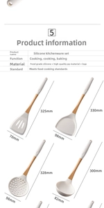 Detail view of silicone kitchen utensils with wooden handles and dimension specifications