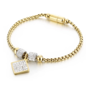 Elegant gold titanium snake chain bracelet with square rhinestone pendant and magnetic clasp