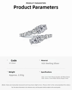 Detailed spec sheet showing S925 sterling silver ring with 5A pear cut cubic zirconia