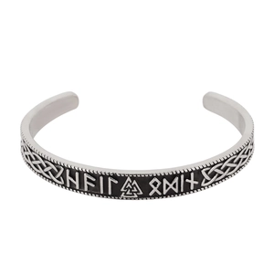 Viking Mjolnir open cuff bracelet in vintage silver stainless steel with rune engravings