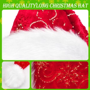 Detail of high quality red plush Christmas hat with golden sequins and large white pompom