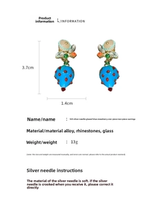 Detailed size parameters for blue resin strawberry earrings with S925 silver needles