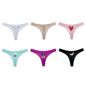 Set of 6 seamless ice silk thong panties with cute cartoon prints in various colors
