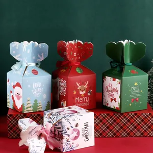 Christmas Gift Packaging Boxes Cardboard Portable Handle Ribbon Cartoon Santa Elk For Holiday Party Favors
