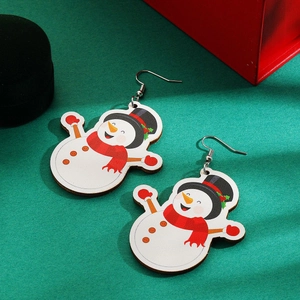 Detailed close-up of festive snowman drop earrings with holiday gift boxes on green background