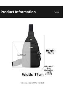 Detailed dimensions of the black waterproof sling bag showing 27x17x9cm size specifications