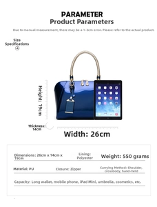 Detailed size specifications for patent leather Boston bag with 26x14x19cm dimensions