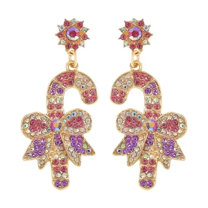 Detailed close-up of candy cane earrings with colorful rhinestones and gold bow