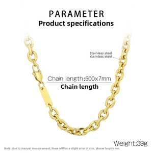 Detailed parameter view of gold stainless steel link chain with rectangular pendant tag