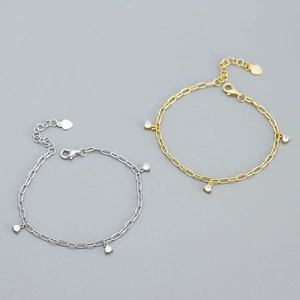 S925 Sterling Silver Rhinestone Charm Bracelet For Women Minimalist Link Chain Sweet Heart Pendant Jewelry Gift