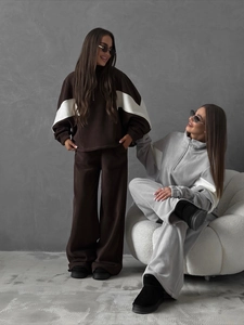 Women fleece tracksuit set with zip jacket and wide leg pants in brown and grey