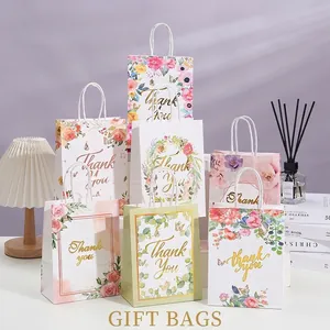Blumen Geschenkpapiertüten Mit Griffen Goldprägung Thank You Muster Für Hochzeitsfeier Geburtstag Elegante Verpackung