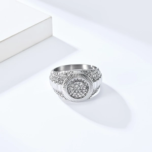 Hip-hop silver tone iced out ring with sparkling round stones in 45-degree angle
