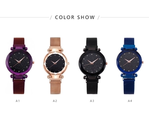 Multiple colors of starry sky watches with Milanese mesh straps in purple and rose gold