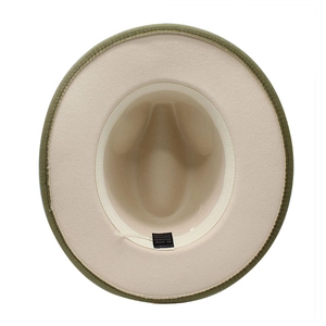 Detail of wool fedora interior showing 65% cotton label and adjustable sweatband