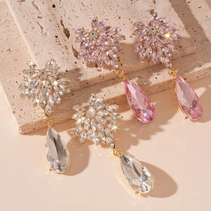 Luxurious water drop flower earrings with pink and clear crystals on stone base