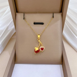 Cherry Heart Pendant Necklace Gold Plated Stainless Steel Sparkly Cubic Zirconia Sweet Elegant Jewelry For Women