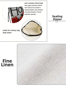Detail of alloy zipper with anti-slip texture and interior space of linen makeup bag