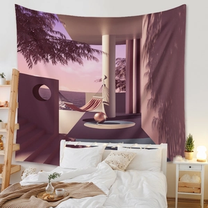 Detail of bohemian tapestry featuring sunset beach scenery with palm trees on bedroom wall