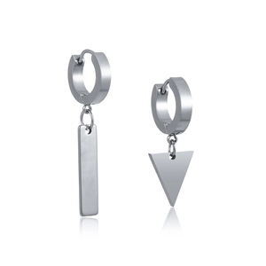 Polished silver stainless steel earrings featuring asymmetrical bar and triangle pendants