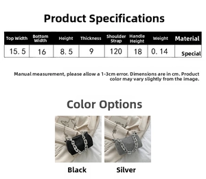 Detailed size guide for mini rhinestone pillow bag with strap measurements in cm