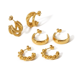 Three pairs of geometric 18K gold plated stainless steel twisted and smooth hoop earrings