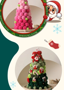 Detail of pink and green plush ball Christmas tree ornaments with festive decorations