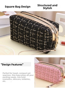 Detail der rechteckigen Tweed-Kosmetiktasche mit elegantem Gold-Reißverschluss und Tragegriff