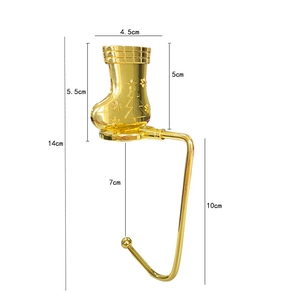 Detailed dimensions of gold metal Christmas stocking hook with tree and snowflake icons